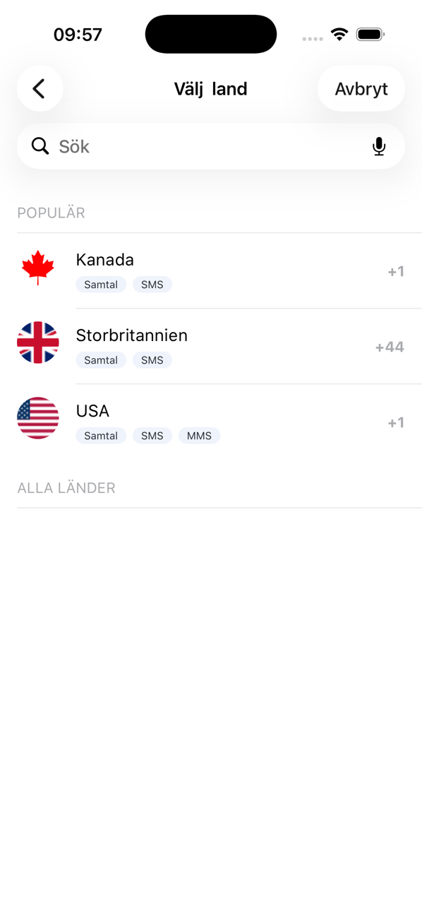 Skärmen Välj land när du lägger till ett nummer, med populära länder och ett sökfält