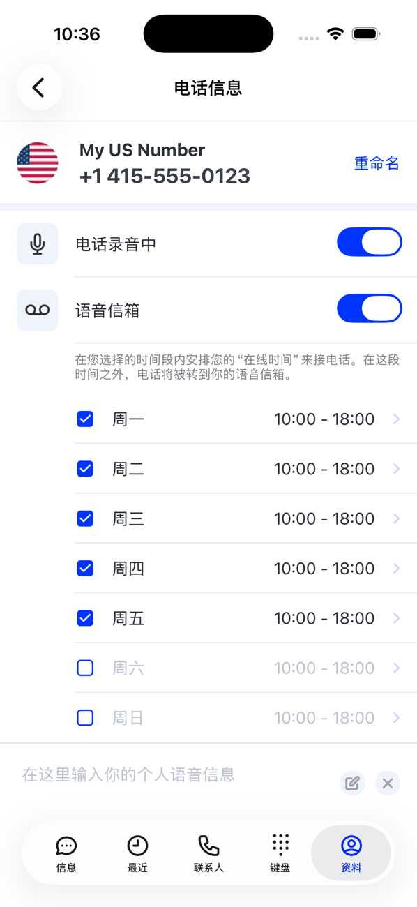 主号码的“号码详情”屏幕，带有通话录音和语音信箱开关，以及每天的营业时间