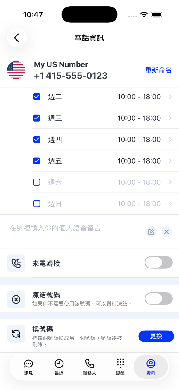 「號碼詳細資料」的下半部：營業時間、個人語音信箱留言輸入框、「來電轉接」、停用號碼和「更換號碼」